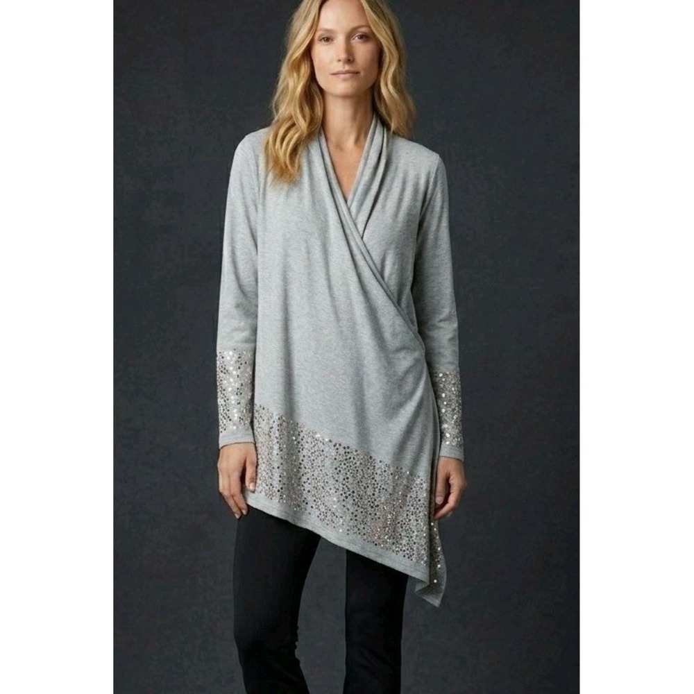 Soft Surroundings W-Med Gray Mineral Wash Raw Edge Henley Sweatshirt Tunic Top